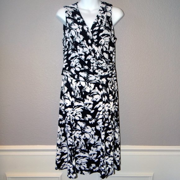 JONES NEW YORK Black & White Floral Print Sleeveless Dress V Neck Size 12 - Picture 1 of 5